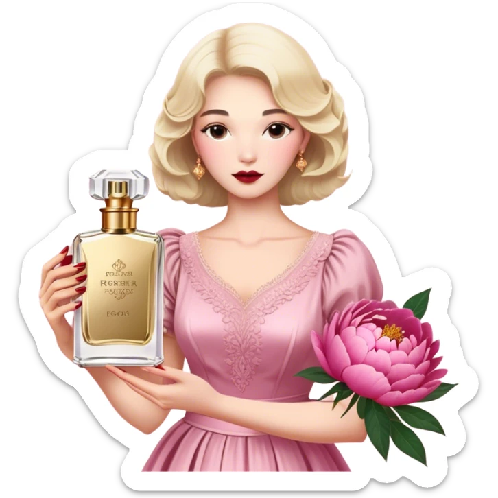 A delicate glass bottle of rosewater perfume with gold details beside lush pink peonies. Soft light enhances the romance, while a dark red velvet backdrop adds vintage glamour."
 sticker