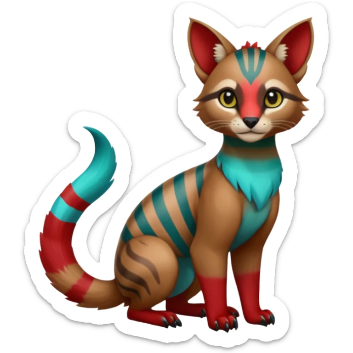 Colorful dark green blue Cyan red crimson striped tropical exotic cute cool beautiful shiny beautiful fantasy-caracal-civet-genet-sergal-vernid-Gryphon-Cacomistle-Trico-oncilla-animal-Fakémon-hybrid-fursona (full body) sticker