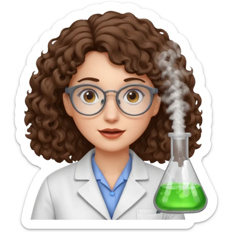 A crazy female scientist, with curly-wavy brown hair, brown eyes and grey glasses and oale skin  sticker