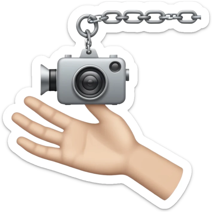 Minimalist emoji-style sticker of a human hand bound by a chain leading to a video camera. Icon-like, clean silhouette, muted tones. sticker
