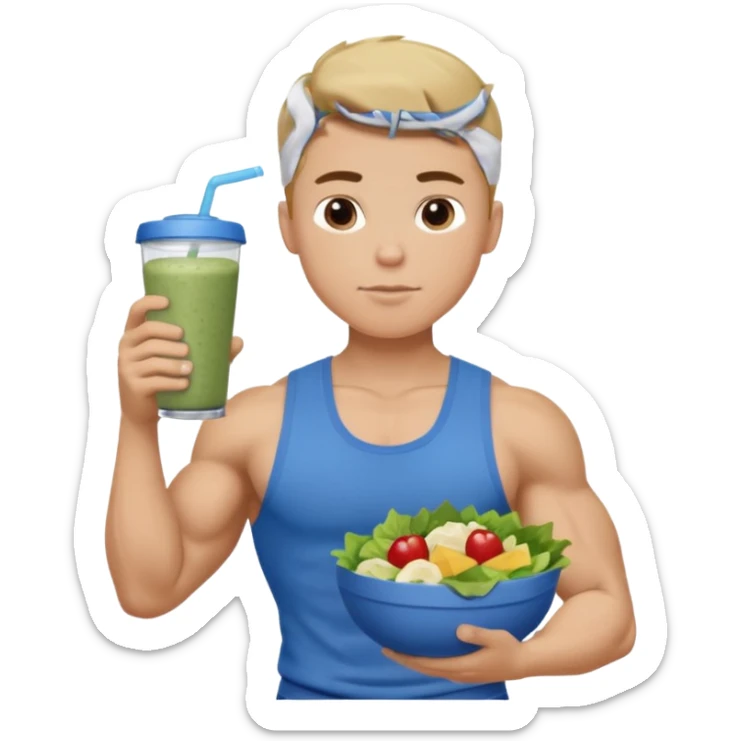 A young male person with a muscular, well-defined build. He has short dark blonde hair, a medium light skin tone, and a neutral facial expression. He wears blue cloth. He is holding a salad in one hand and a protein shake in the other. sticker
