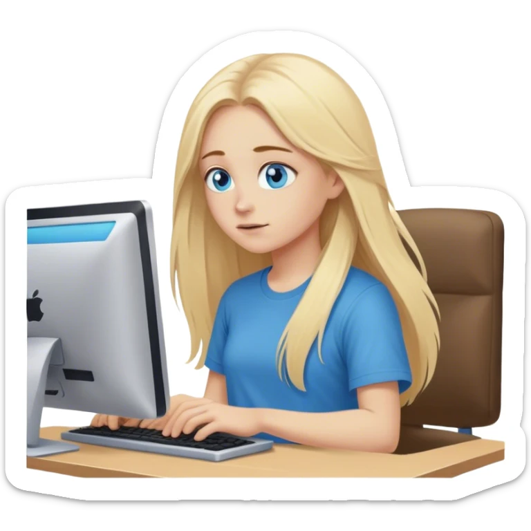 Cinematic realistic blonde with long hair, blue eyes, dressed in a T-shirt, working at a computer in a cozy atmosphere sticker