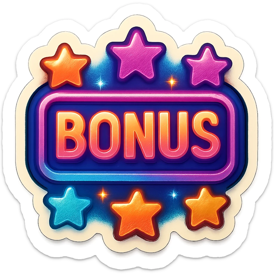 sign with the word BONUS in the center, surrounded by stars, retro neon style sticker
