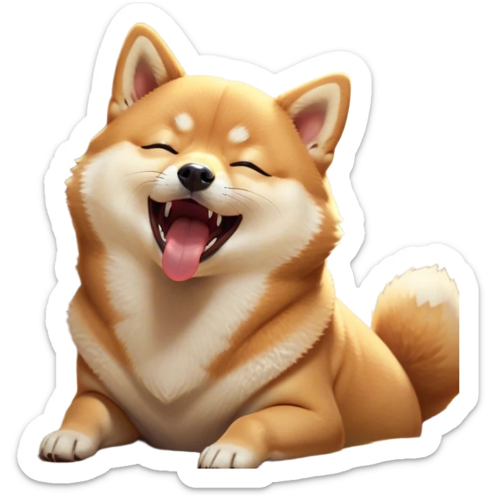 Cinematic Cute Yawning Shiba Inu Portrait Emoji, Head tilted slightly with a dramatic, wide-open yawn, showcasing a vibrant fur with a soft creamy underbelly, floppy ears slightly drooping, round brown eyes barely open in drowsy contentment, Simplified yet irresistibly adorable features, highly detailed, glowing with a soft, cozy glow, high shine, relaxed yet expressive, stylized with a touch of whimsy, bright and endearing, soft glowing outline, capturing the essence of a sleepy yet affectionate companion, so drowsy it feels like it could stretch out of the screen and curl up for a nap! sticker