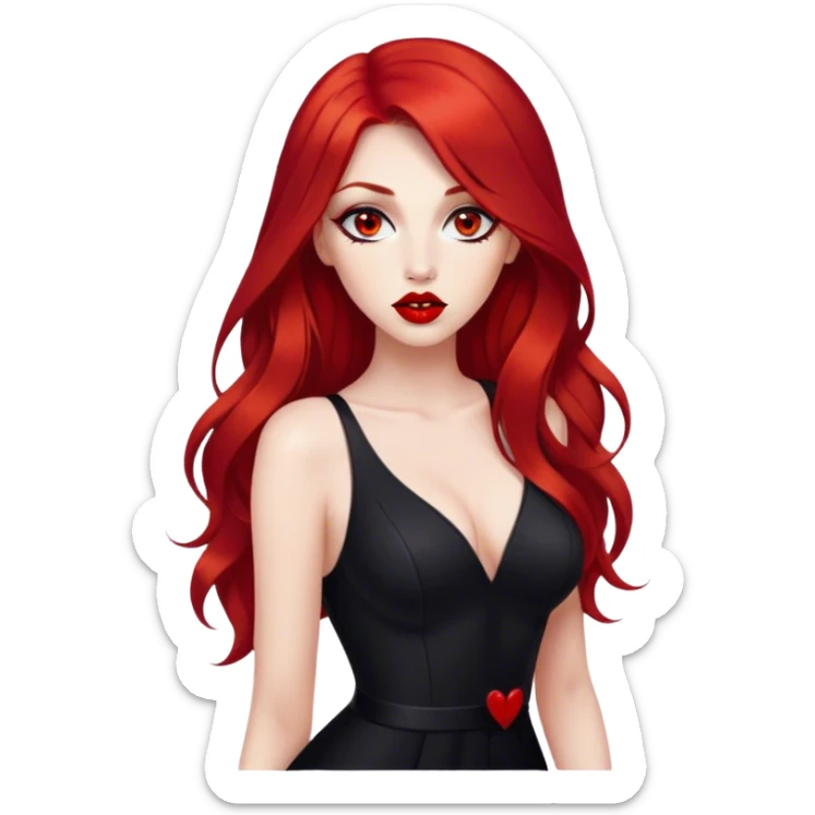 a pretty woman with long red hair and red eyes. The woman wear a black little cutted dress. She have red lipstick and she have a seductive look. She do a kiss sticker
