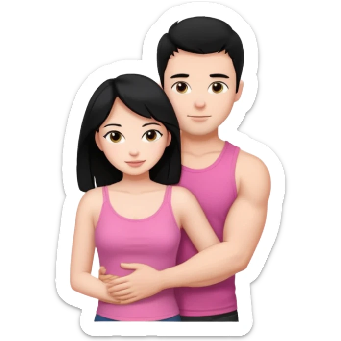 a pretty bratz fair girl. black hair, wearing a pink cami top, she is hugging a handsome fair guy with black hair. lean but muscular.the boy is wearing a black tshirt sticker