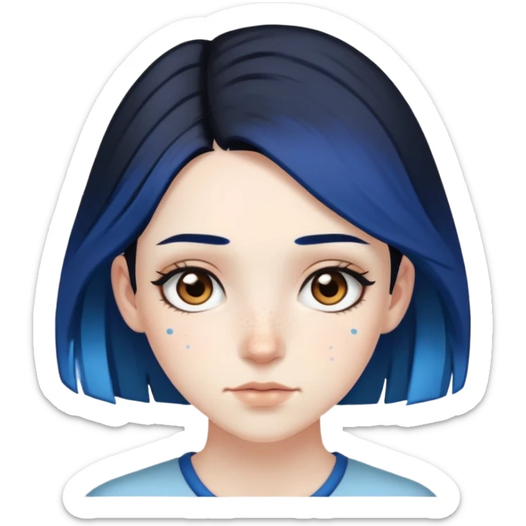 Pale girl with brown eyes and freckles, black hair, with two strips of blue hair sticker