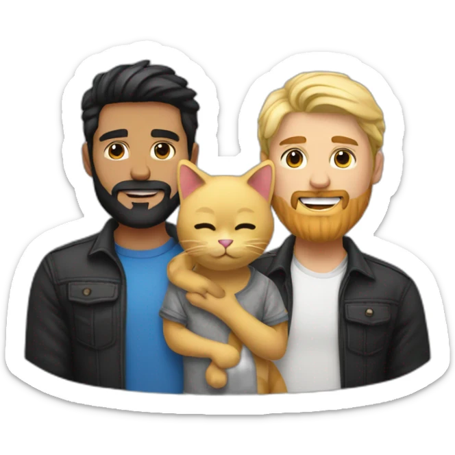 Gay male couple one of them Latino with beard male and the other guy an Australian blonde hair , with a cat in the middle sticker