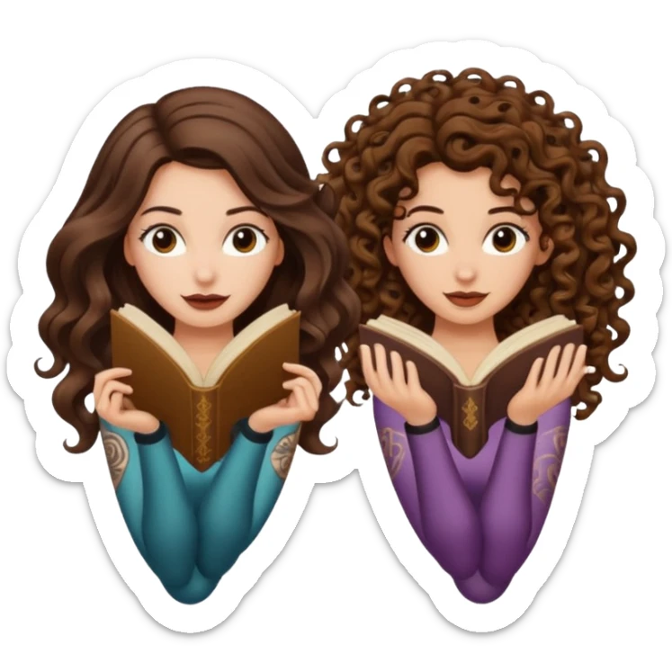 spell confusion — long wavy brown hair tattooed woman and short tight curly brown hair woman — scroll upside down sticker