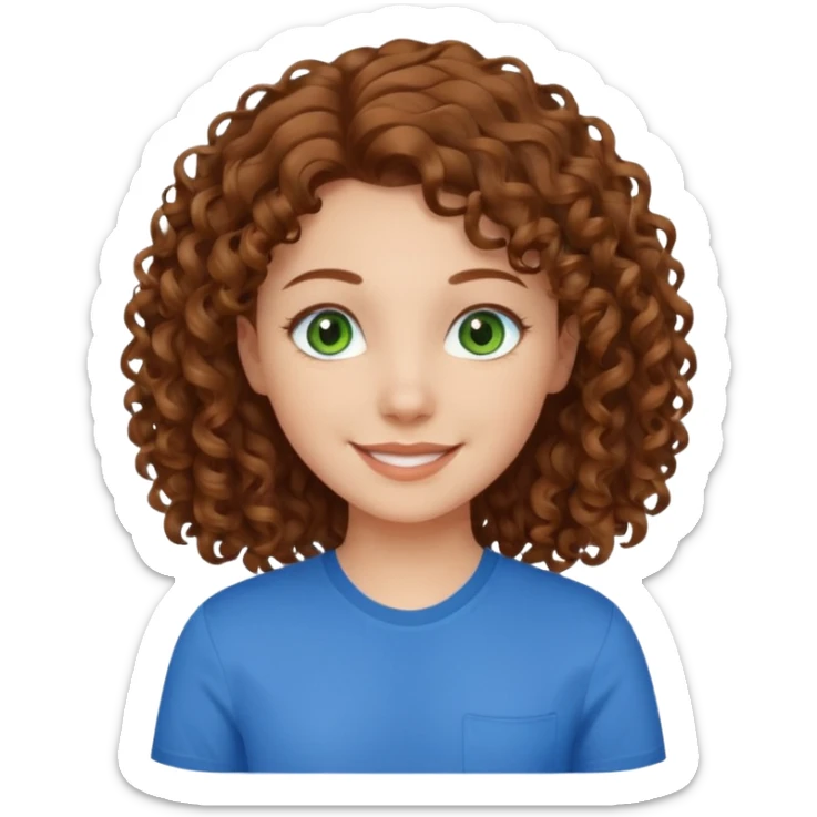 girl with brown hair, green eyes with a blue shirt no background ,young with curly hair smileing sticker