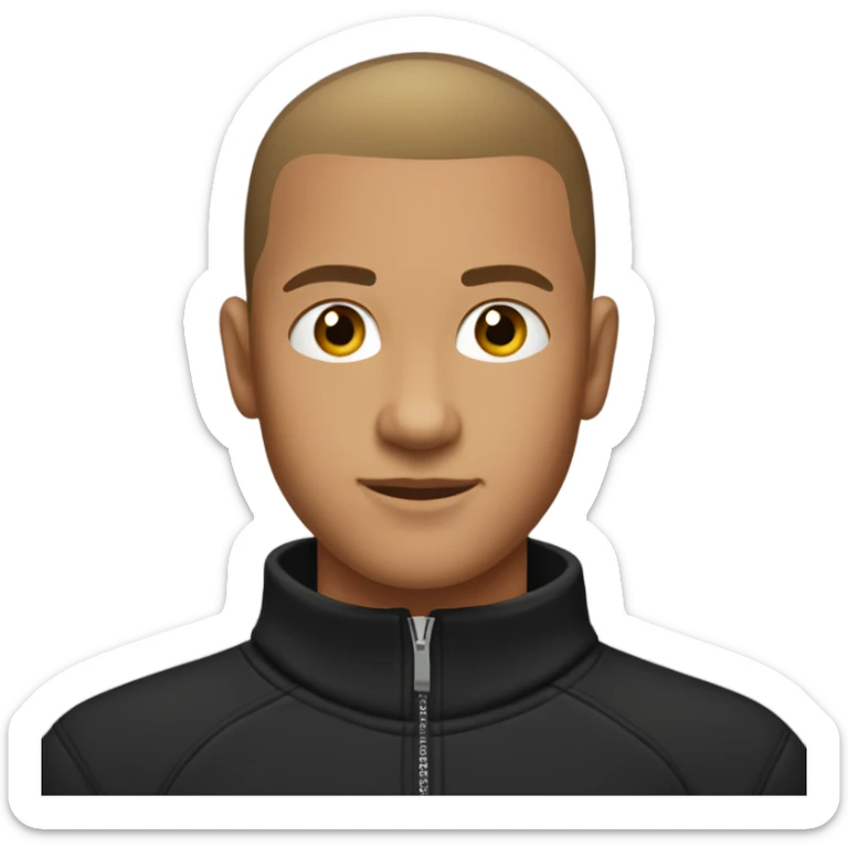 boy with light tanned skin, buzz cut, no facial hair, wearing a smart black quarter zip jumper with white t shirt underneath. sticker