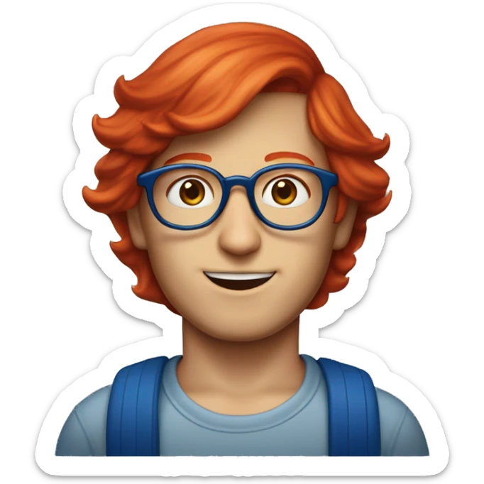 boy red hair 30s wearign blue hat and steve jobs glasses sticker