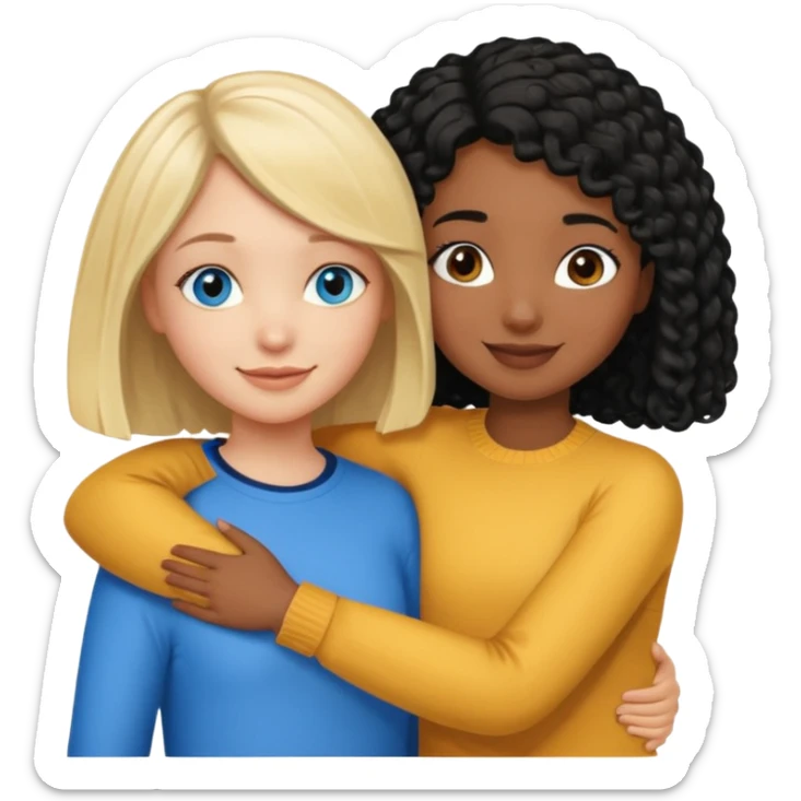 Girl best friends: one white girl with straight blond bob and blue eyes, one shorter black girl with long black curly hair, hugging sticker