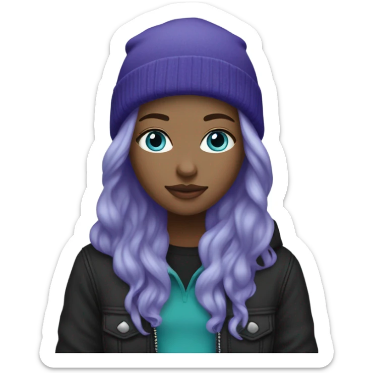 White girl, blue eyes, long teal hair, purple beanie hat, black hoodie, blue jeans, black shoes sticker