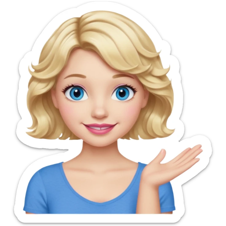 Girl Blonde short wavy hair,  blue eyes, cute blue top, long lashes, pink lips, smiling, one hand 🤷🏼‍♀️  sticker