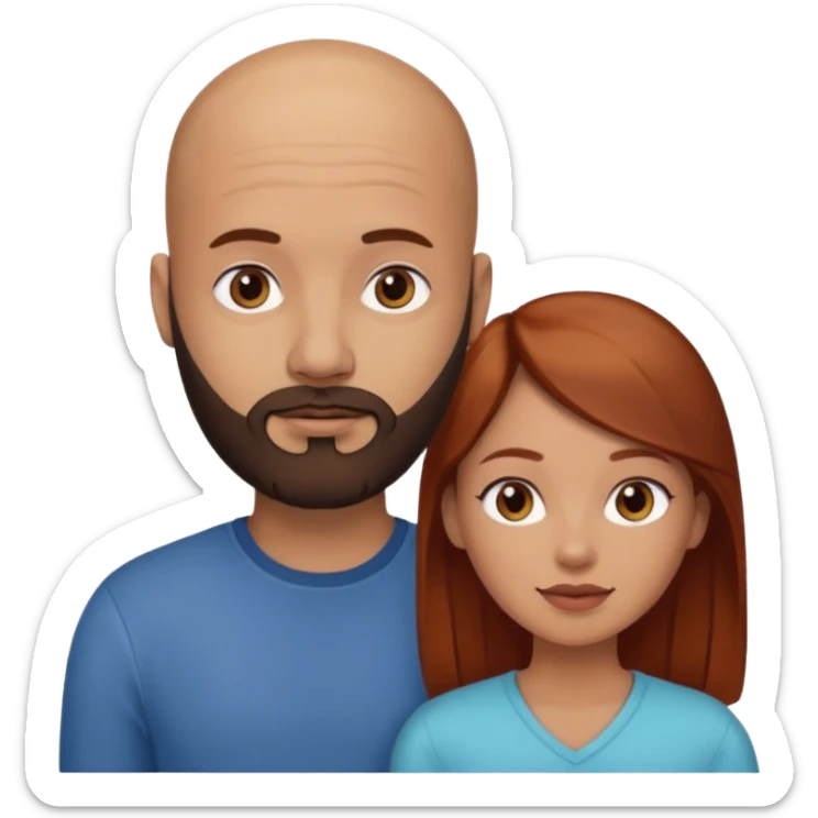 Couple. A bald man with dark brown beard and a girl with light skin. She is a redhead and has dark yellow brown auburn hair. Different skincolor. She has very light skin. sticker