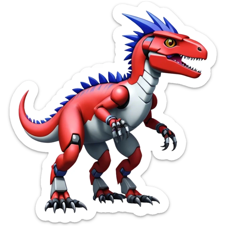Punky Furry maned Cool Edgy badass Futuristic shiny colorful cyborg-Digimon-Fakemon-Guilmon-Velociraptor-Mecha full body  sticker