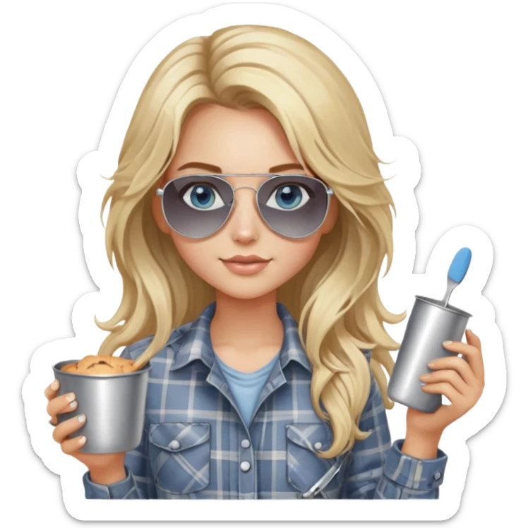 girl with long blond messy hair wearing grey plaid shirt with blue eyes and aviator sunglasses wearing a ring on her silver necklace, holding baking supplies sticker