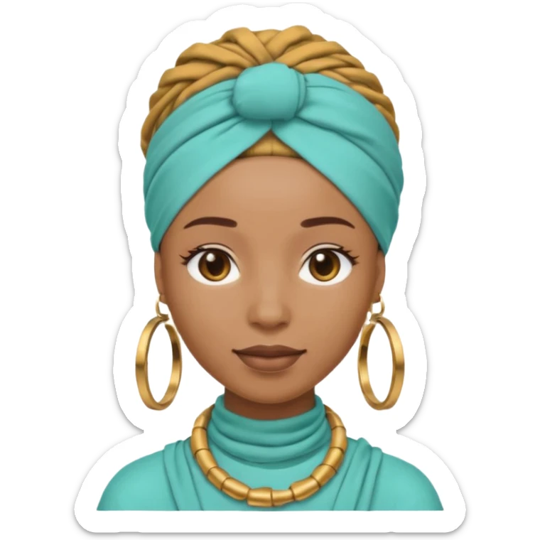Non-portrait Jayci-vibe emoji, 1024 PNG, transparent. Headwrap (muted R-G-G), hoops, locs hint; soft smile, golden inner glow + faint heart aura. Embed: first-love, roots calm, playful grace, protective joy, consent. sticker