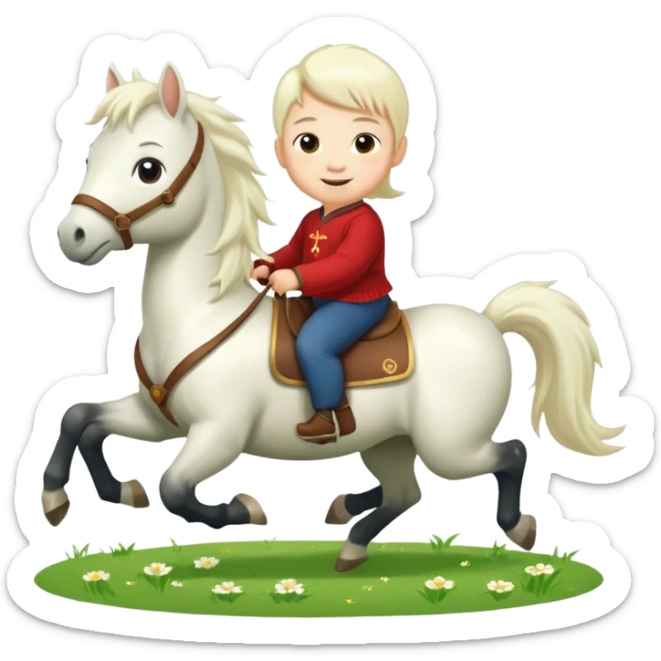 l little chinese baby riding on a  cute horse running on the grass with 2026 year label sticker