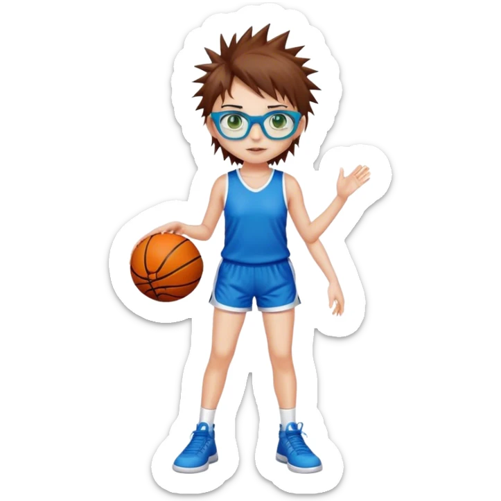 Full Body white Girl with basketball spikey short brown hair  wearing blue glasses with green eyes sticker
