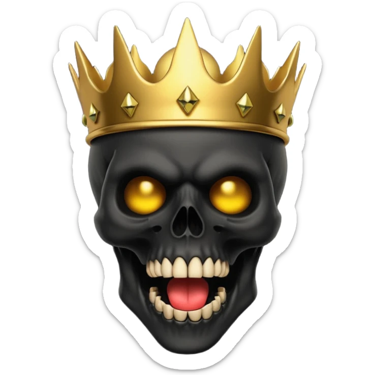 Demonic 3D skull holding its head in shock, mouth open, wearing a golden crown, dark horror vibe sticker