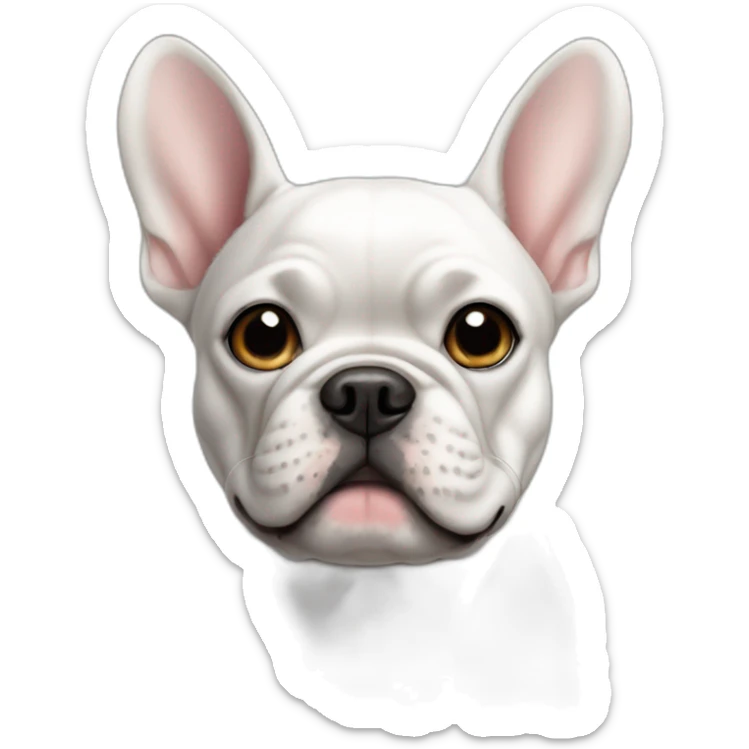 The dog is a French bulldog, white in color, with large ears, a black, small spot above the right eyebrow sticker