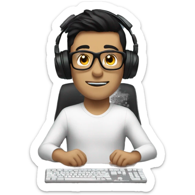 white boy with dark hair and glasses wearing gaming headset and sitting at desk on desktop computer   sticker