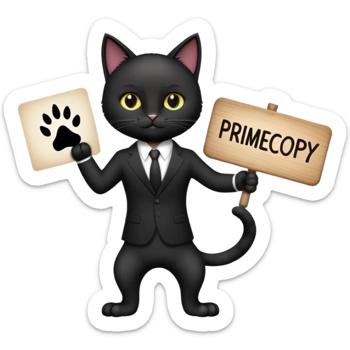 A black cat in a black business suit holds a sign with the inscription "PrimeCopy" in one paw sticker