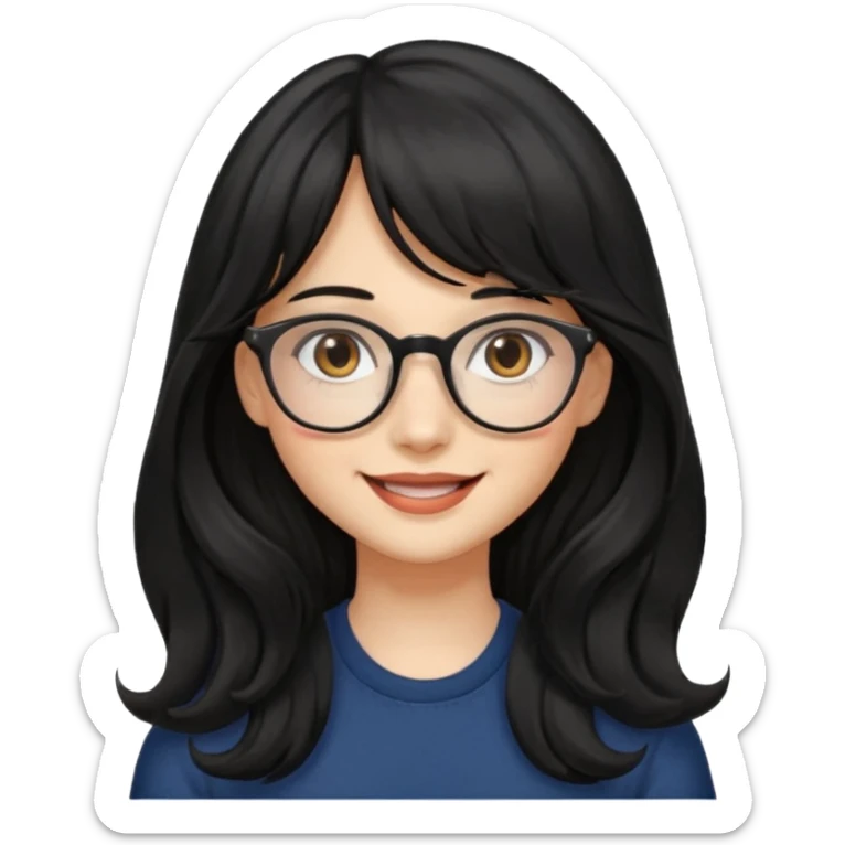 Please generate a portrait of a pretty girl with long, wavy, black hair. She's smiling. She also wears a middle parting and bangs. with glasses sticker