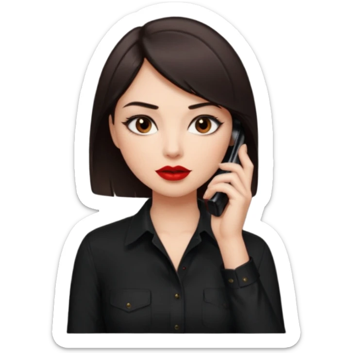 generate a pretty fair bratz girl with dark brown eyes. Dark brown hair straight short hair. tight black button up shirt with top shirt open.  Talking on the phone. Red lipstick, eyeliner on sticker