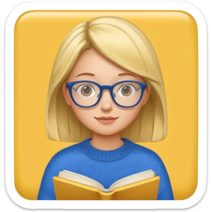 a girl with glasses wearing blue sweater reading a yellow cover book sticker