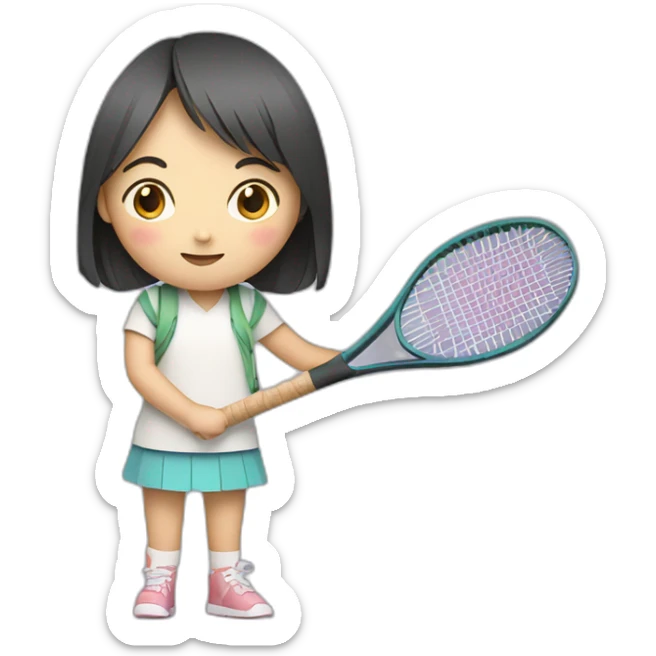 a little chinese girl hugging a tennis racket in paper art style sticker