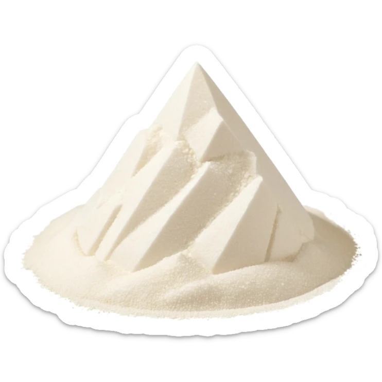 small crystalline pile of fine white powder, sparkly and grainy texture, denser and glossier than flour, sharp angular grains visible, no container or extras, soft lighting, subtle shadows, emoji scale sticker