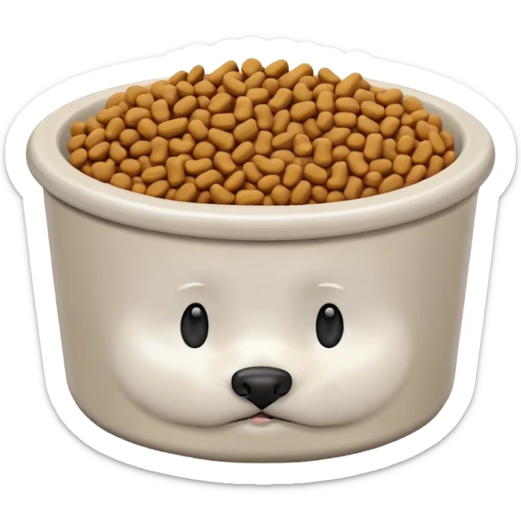 pet food bowl with, the food is piled on top of the bowl where it is so full sticker