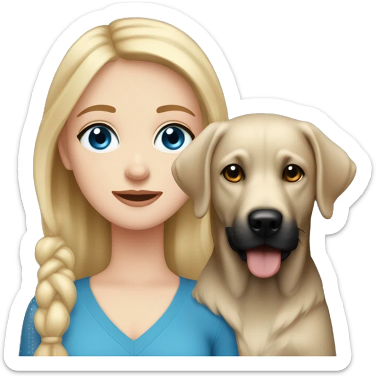 White skinned girl with medium length blonde hair and blue eyes with a black lab dog with a little bit of brown in his fur sticker