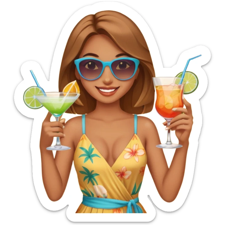 Professional sexy woman smiling holding cocktail posing in shades  and flashing peace sign sticker