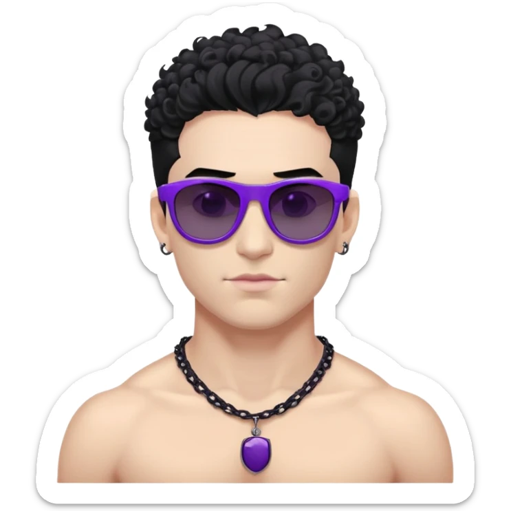 shirtless male athlete with white skin and moderately curly black hair on top with shaved sides, wearing purple sunglasses with very dark heavily tinted black lenses, and a simple plain black chain necklace, no earrings or other jewelry sticker