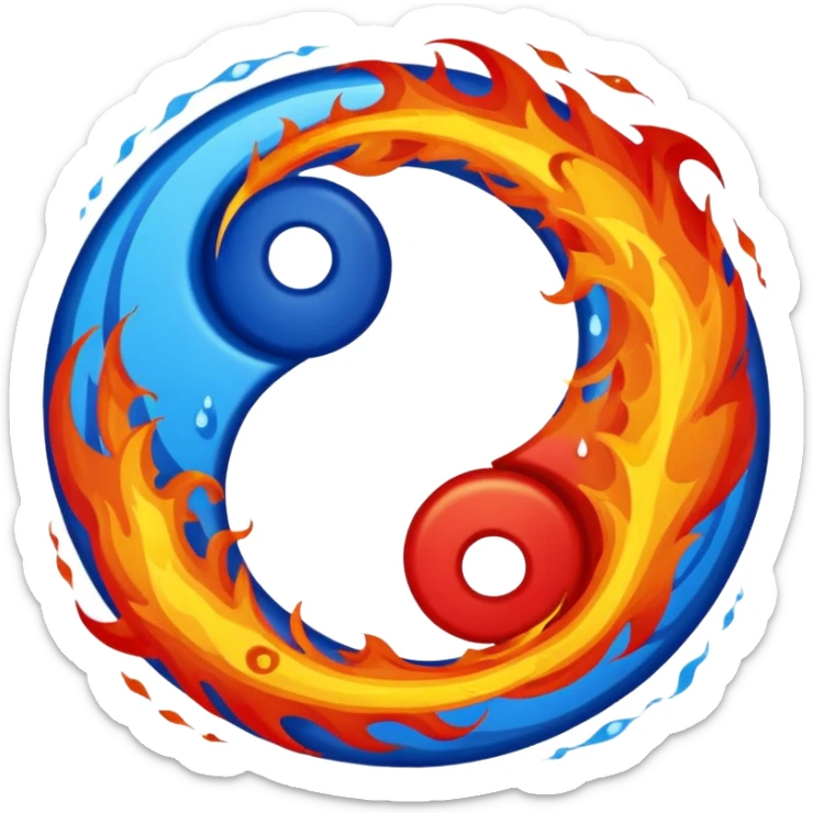 The fire and water emojis are in the form of the yin-yan symbol in front of a completely black background. sticker
