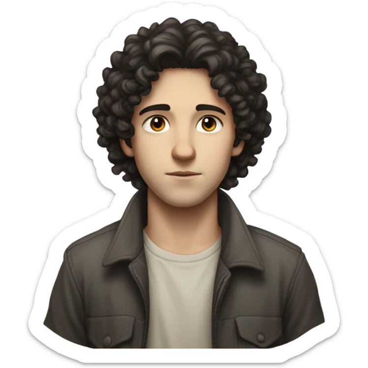"A young man, standing, with dark curly hair, pale skin, and a thin build. He has a humble, thoughtful expression and wears simple, slightly worn clothing. A subtle Star of David appears nearby." sticker