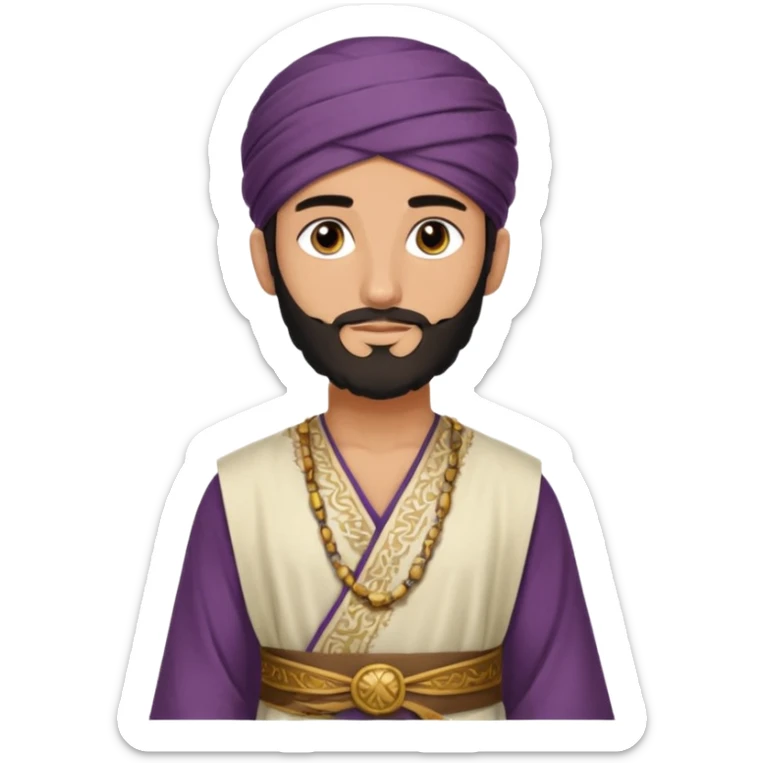 
-Apariencia: Joven de unos 25-30 años, atractivo,.
-Rostro: Ojos oscuros, piel ligeramente morena, rasgos árabes finos.
-Cabello: Negro, algo rizado o suelto, con barba fina.
-cuerpo entero  puede llevar una túnica más oriental, con faja y turbante sencillo con sandalias sticker