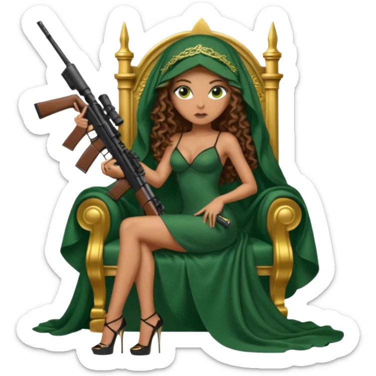 Drug dealer female green eyes symbol.  hair is brown curly long hair. sexy long with long dress and face veil on that covers her mouth only. black stiletto platform high heels shoes on. Holding sniper rifle sitting on a gold throne. sticker