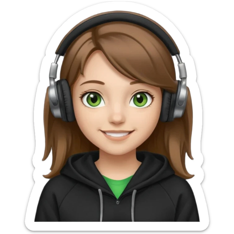 a girl with brown hair blonde ends green and wearing black headphones baggy hoddie she is happy  sticker