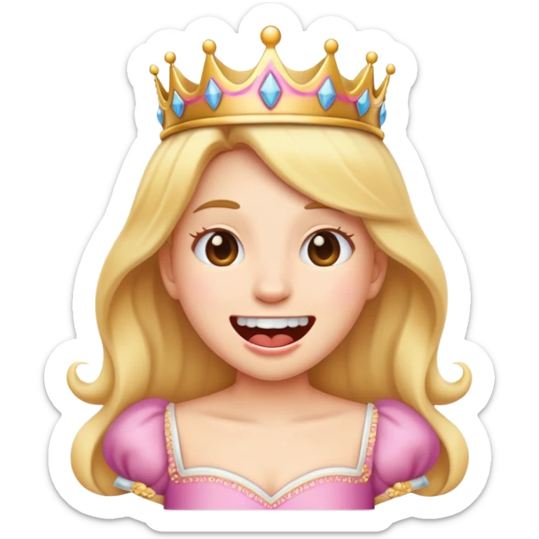 Tired emoji but smiling with mouth open and 1 tooth wearing a princess outfit  sticker