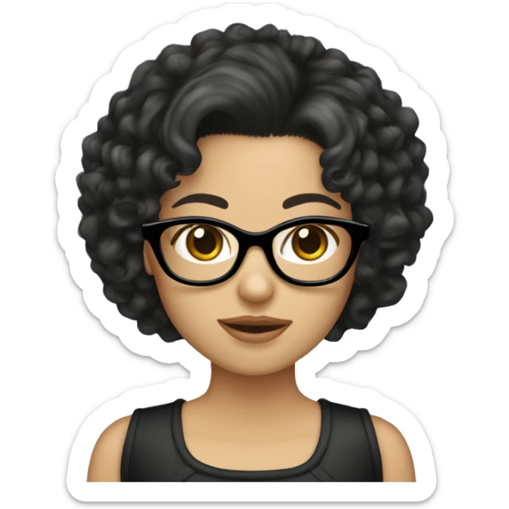 A White girl with medium length curly black hair and glasses holding a Yorkie  sticker