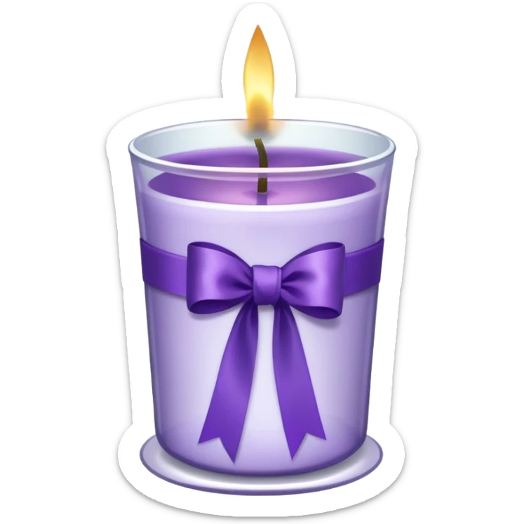 A transparent shot cup with purple wax that is lit as a candle, and purple ribbon wrapped around the cup. sticker