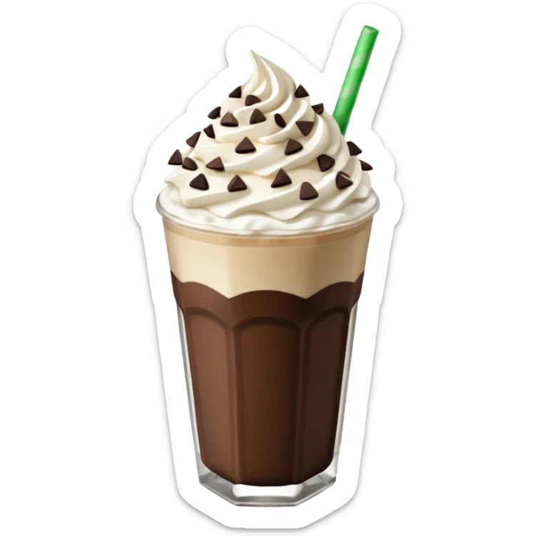 Vaso de vidrio con Frappé color café, crema en la parte superior con popote verde insertado en la crema, agregar encima de la crema chispas de chocolate. Colocar arriba de la crema insertada una galleta tipo oreo. sticker