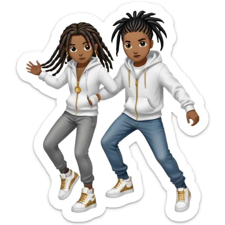 brownskin boy with black  dreads wearing white hoodie with grey jeans and white shoes and a gold circle chain fighting darkskin girl with 8 long black french braids with brown highlights wearing black zip up and black jeans with black and white shoes. the boy is winning sticker