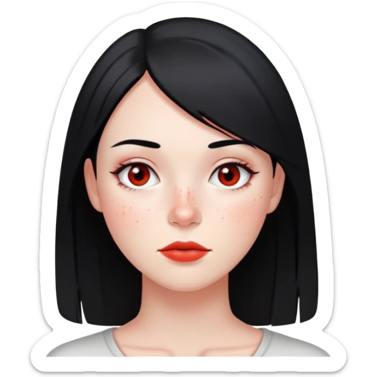 young woman with straight black hair, minimal makeup, and scattered red freckles sticker