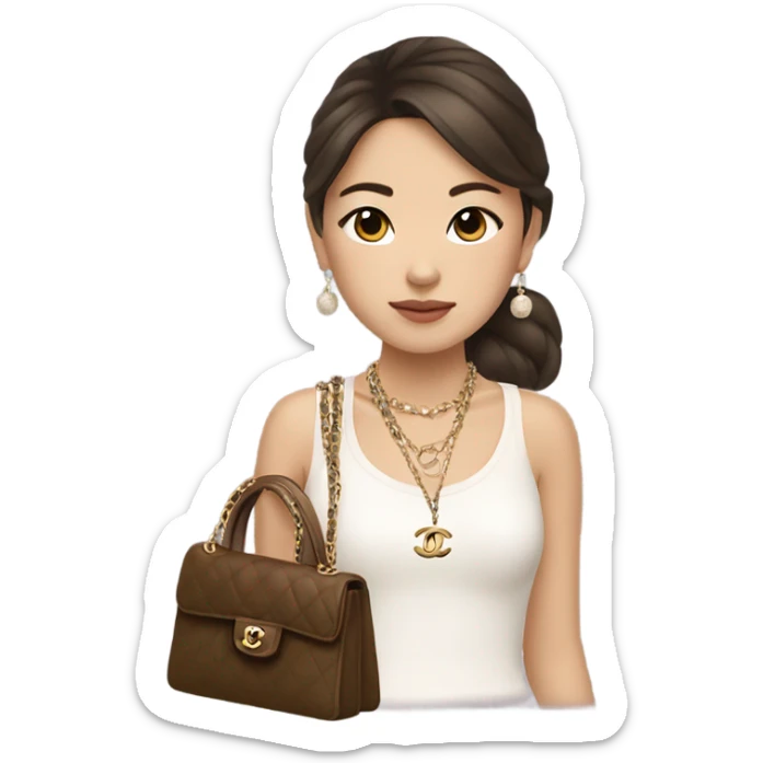 Realistic brown hair Chanel Asian Girl with Birkin bag and Chanel necklace sticker